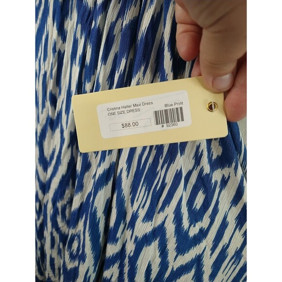 Elan Woman OS Maxi Dress Cristina Halter Blue Print NWT Boho Lagenlook Casual - Picture 6 of 8